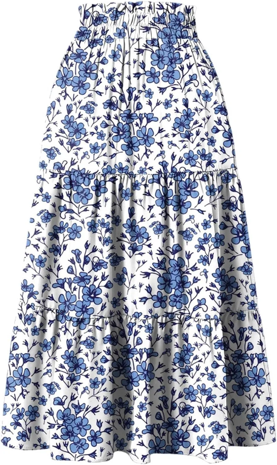 Floral Midi Skirts for Women Summer Comfy Tiered Elastic High Waisted Skirts Vacation A Line Flowy Swing Maxi Skirt