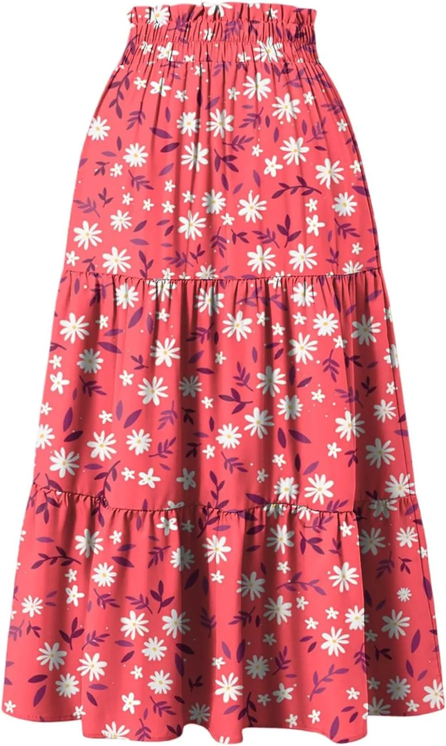 Floral Midi Skirts for Women Summer Comfy Tiered Elastic High Waisted Skirts Vacation A Line Flowy Swing Maxi Skirt