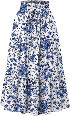 Floral Midi Skirts for Women Summer Comfy Tiered Elastic High Waisted Skirts Vacation A Line Flowy Swing Maxi Skirt