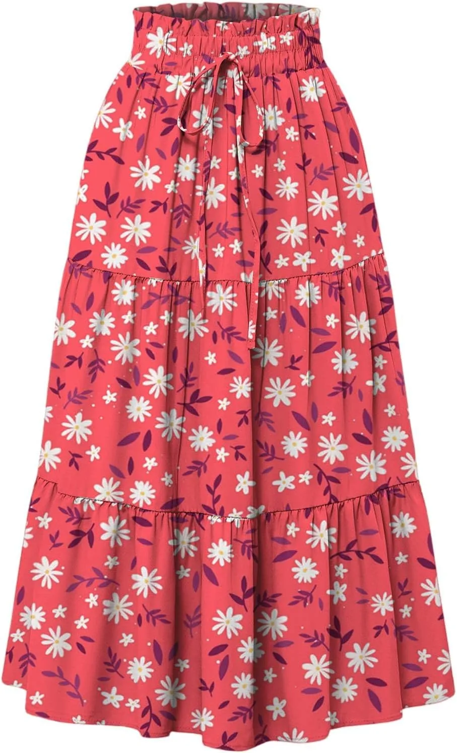 Floral Midi Skirts for Women Summer Comfy Tiered Elastic High Waisted Skirts Vacation A Line Flowy Swing Maxi Skirt