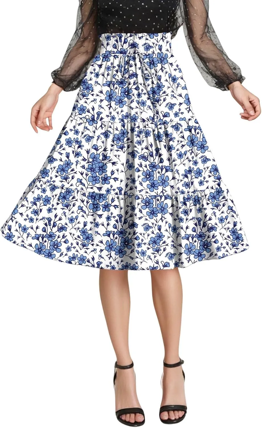 Floral Midi Skirts for Women Summer Comfy Tiered Elastic High Waisted Skirts Vacation A Line Flowy Swing Maxi Skirt