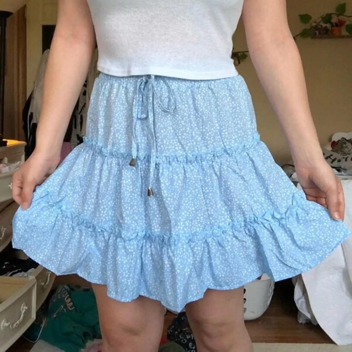 Floral Mini Skirts for Women Trendy Ruffle Tiered Flowy Boho Skirts Loose Drawstring High Waisted Summer Casual Skorts
