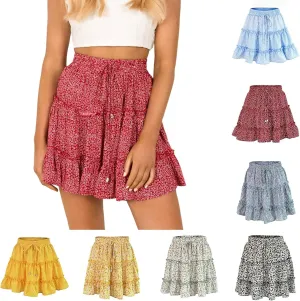 Floral Mini Skirts for Women Trendy Ruffle Tiered Flowy Boho Skirts Loose Drawstring High Waisted Summer Casual Skorts