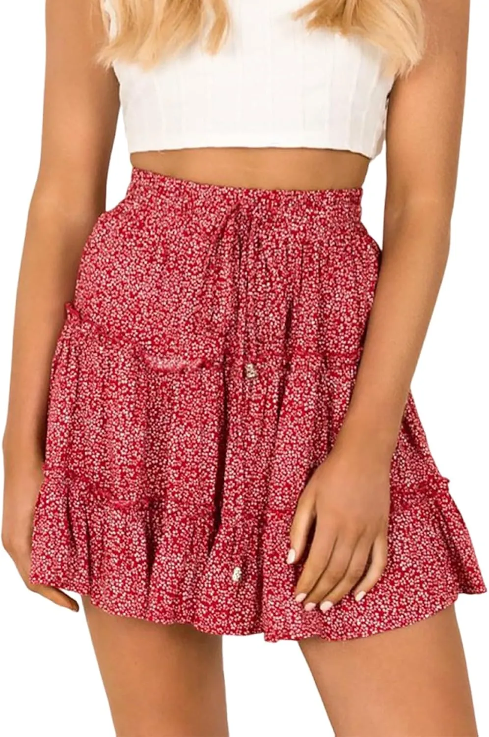 Floral Mini Skirts for Women Trendy Ruffle Tiered Flowy Boho Skirts Loose Drawstring High Waisted Summer Casual Skorts