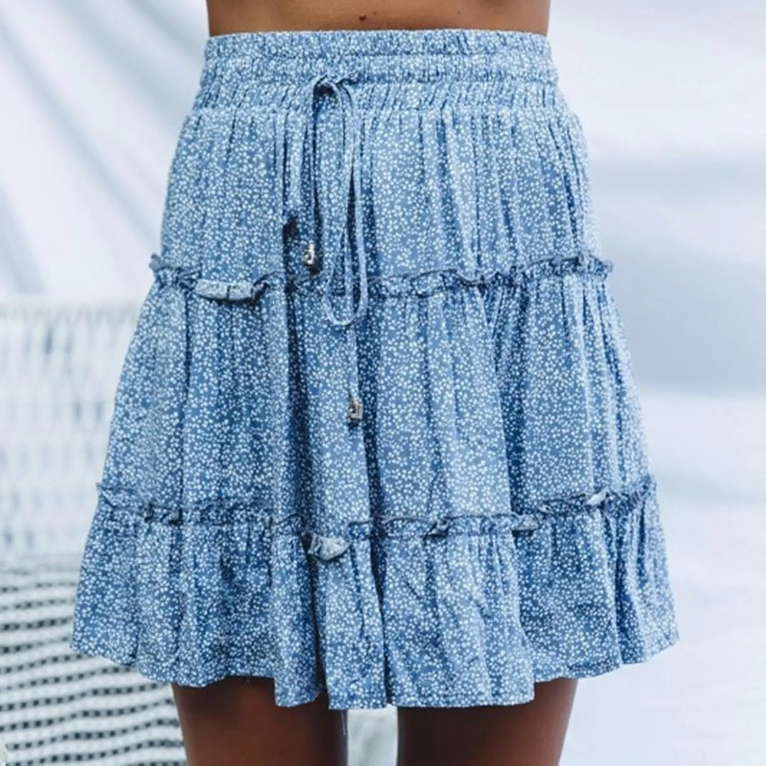 Floral Mini Skirts for Women Trendy Ruffle Tiered Flowy Boho Skirts Loose Drawstring High Waisted Summer Casual Skorts