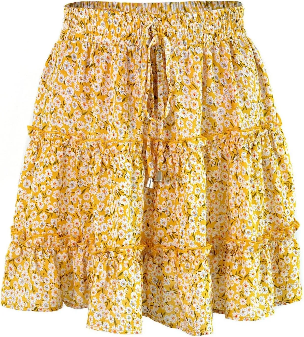 Floral Mini Skirts for Women Trendy Ruffle Tiered Flowy Boho Skirts Loose Drawstring High Waisted Summer Casual Skorts