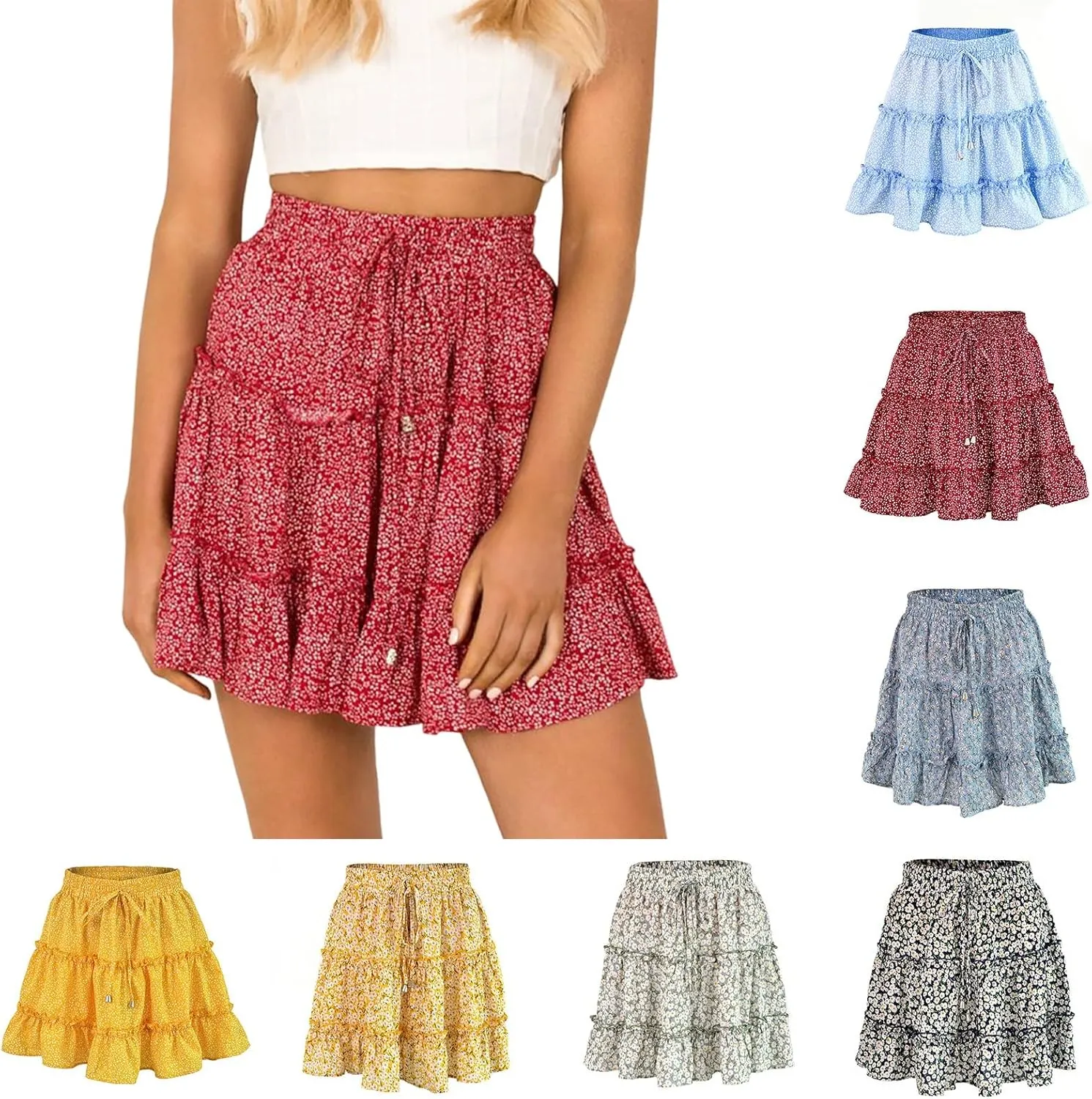 Floral Mini Skirts for Women Trendy Ruffle Tiered Flowy Boho Skirts Loose Drawstring High Waisted Summer Casual Skorts