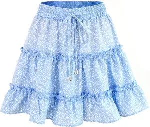 Floral Mini Skirts for Women Trendy Ruffle Tiered Flowy Boho Skirts Loose Drawstring High Waisted Summer Casual Skorts