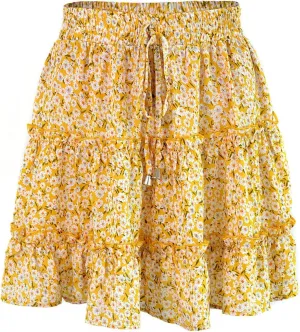 Floral Mini Skirts for Women Trendy Ruffle Tiered Flowy Boho Skirts Loose Drawstring High Waisted Summer Casual Skorts