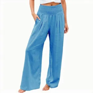 Flowy Pants for Women, Women Linen Pants Elastic High Waist Wide Leg Palazzo Lounge Trousers Casual Loose Beach Pants
