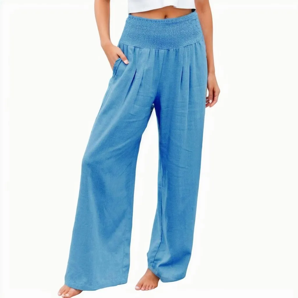Flowy Pants for Women, Women Linen Pants Elastic High Waist Wide Leg Palazzo Lounge Trousers Casual Loose Beach Pants