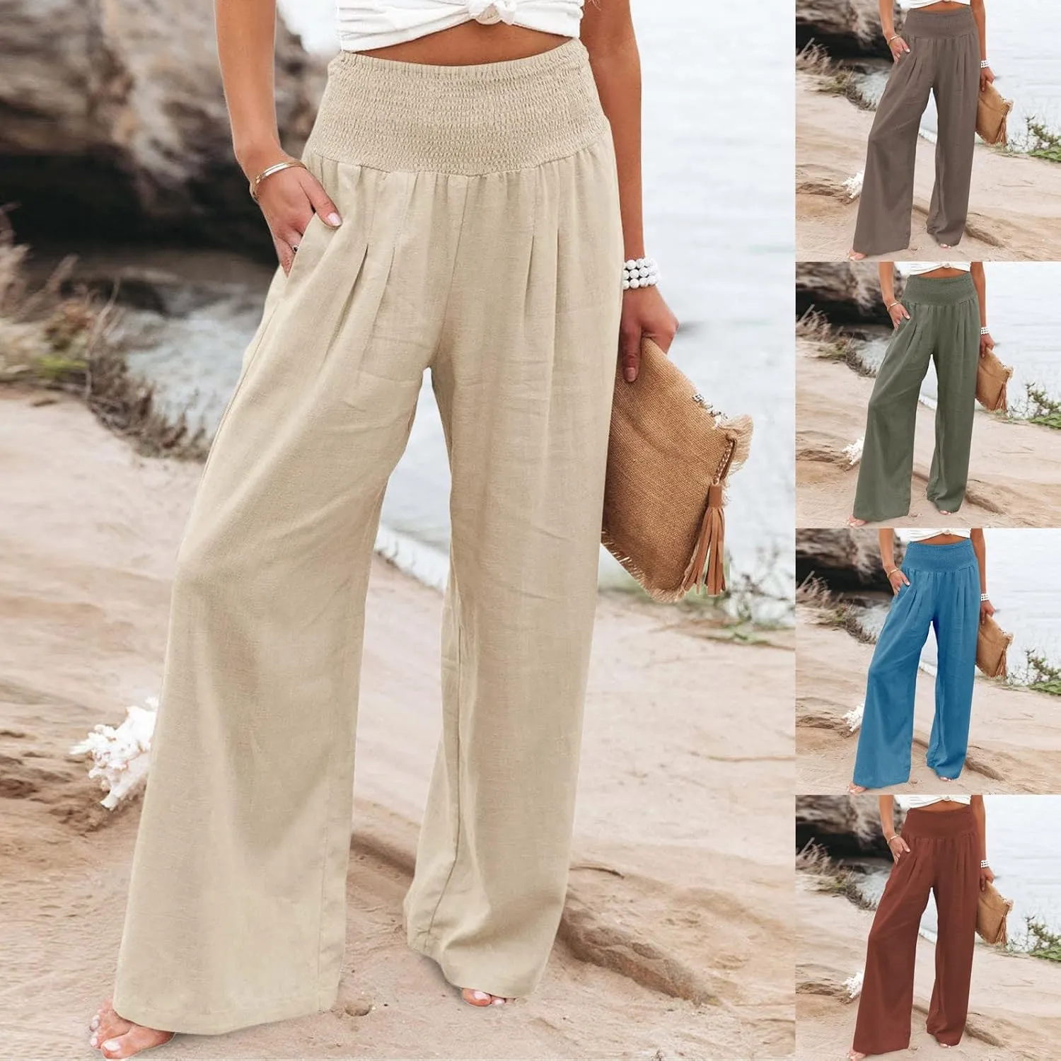 Flowy Pants for Women, Women Linen Pants Elastic High Waist Wide Leg Palazzo Lounge Trousers Casual Loose Beach Pants