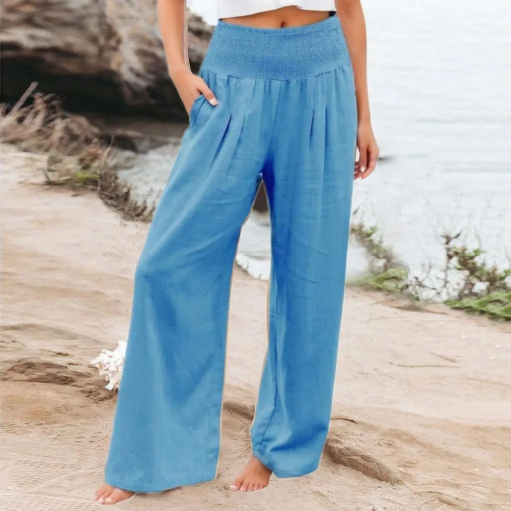 Flowy Pants for Women, Women Linen Pants Elastic High Waist Wide Leg Palazzo Lounge Trousers Casual Loose Beach Pants