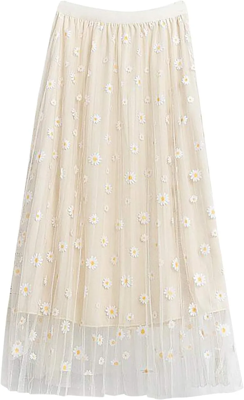 Flowy Skirts for Women Daisy Print High Waisted Bohemian Maxi Length Casual Skirt with Elastic Waist Layered Design