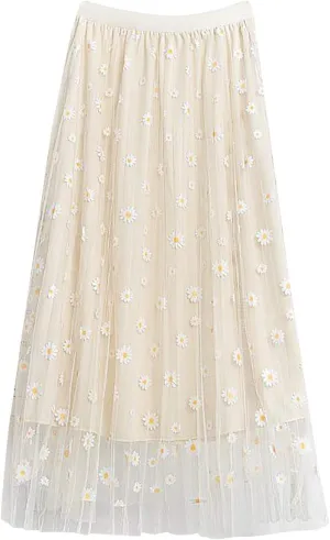 Flowy Skirts for Women Daisy Print High Waisted Bohemian Maxi Length Casual Skirt with Elastic Waist Layered Design