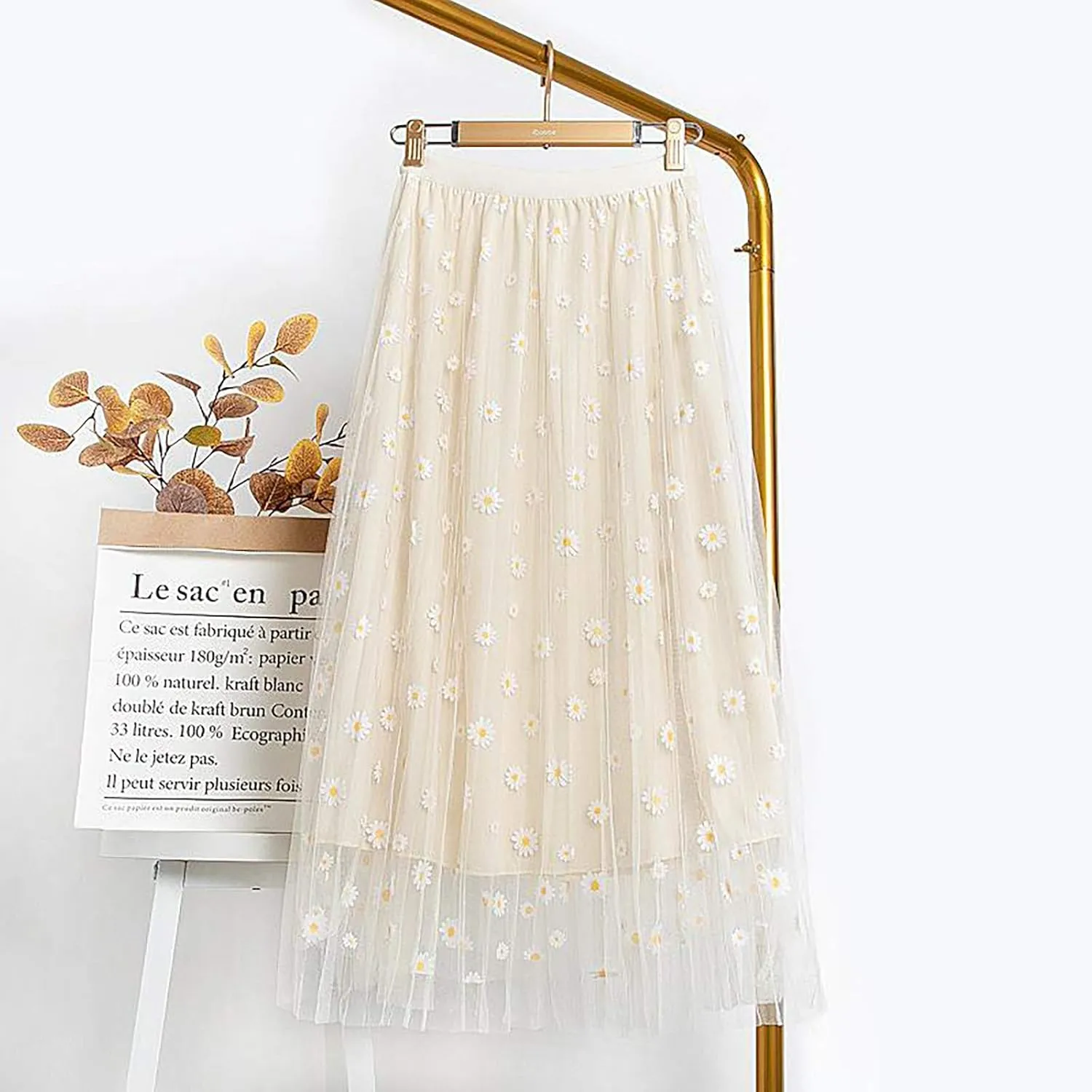 Flowy Skirts for Women Daisy Print High Waisted Bohemian Maxi Length Casual Skirt with Elastic Waist Layered Design