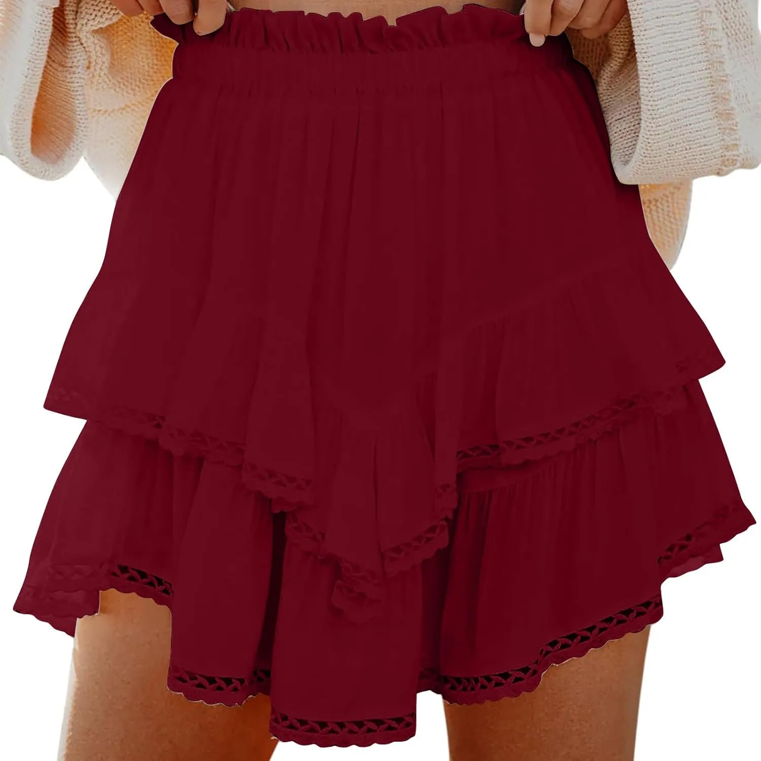 Flowy Summer Mini Skirt for Women Crochet Ruffle Elastic Waist Asymmetrical Hem Casual Short A Line Skirts