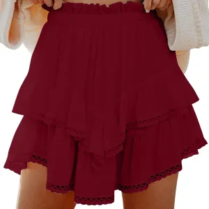 Flowy Summer Mini Skirt for Women Crochet Ruffle Elastic Waist Asymmetrical Hem Casual Short A Line Skirts