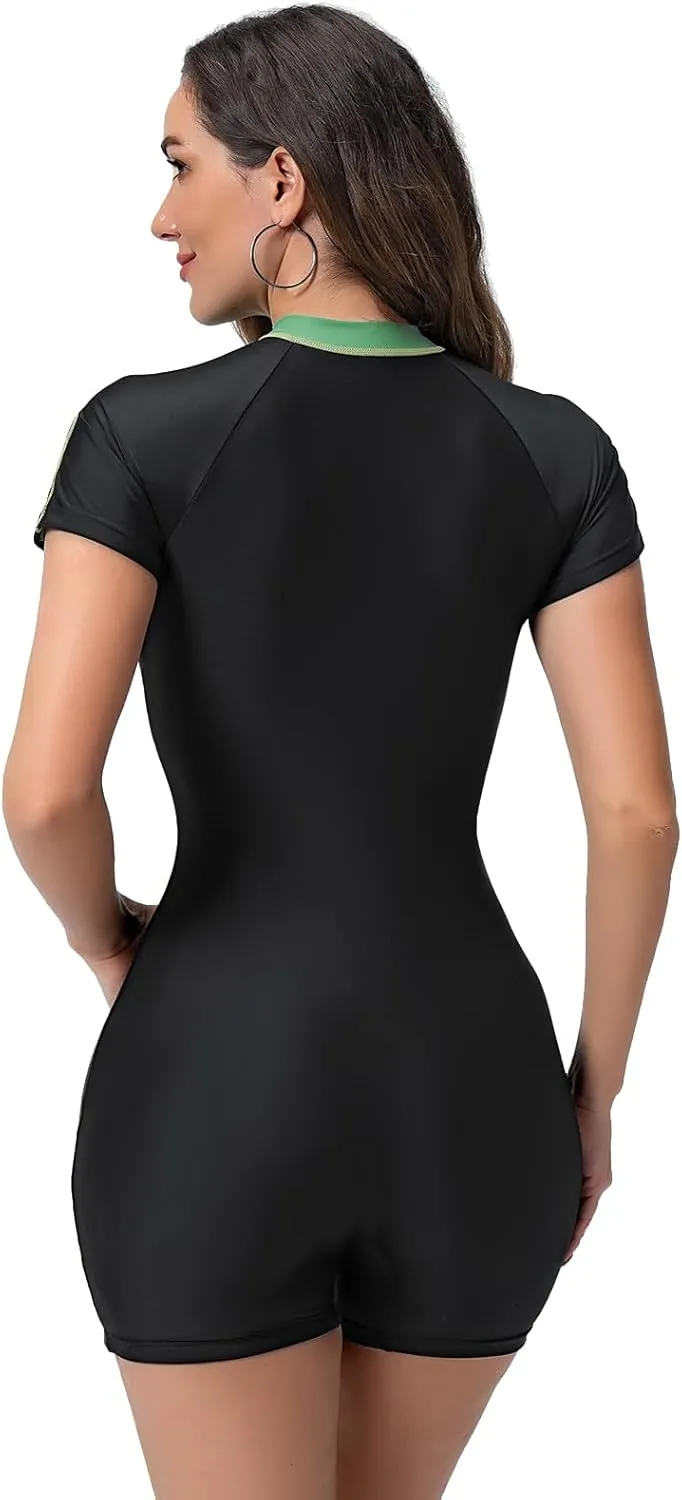 FYMNSI Women One Piece Rash Guard Zipper Short Sleeve Sun Protection Surf Rashguard Boyleg Swimsuit Bathing Suits Swimwear
