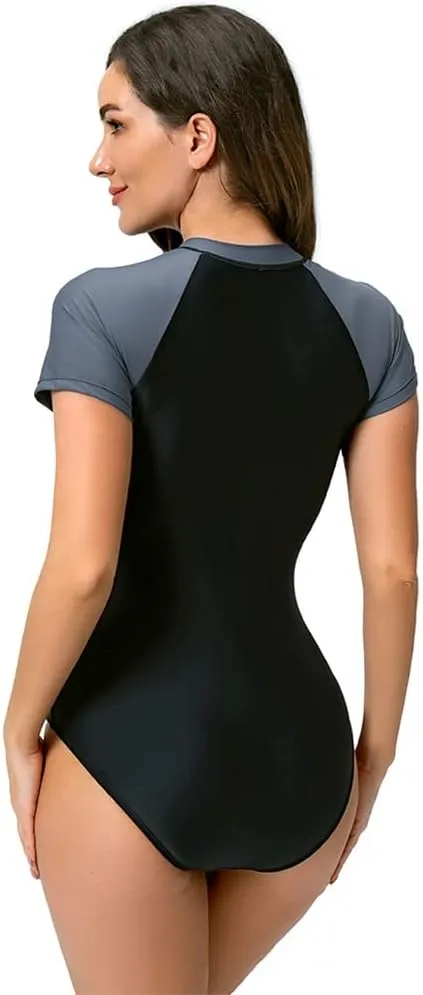 FYMNSI Women One Piece Rash Guard Zipper Short Sleeve Sun Protection Surf Rashguard Boyleg Swimsuit Bathing Suits Swimwear