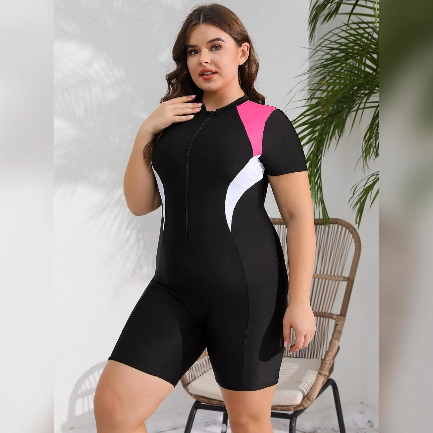 FYMNSI Women Plus Size Zipper Rash Guard Sun Protection Surf Rashguard Boyleg One Piece Sport Swimsuit Padded Bathing Suit