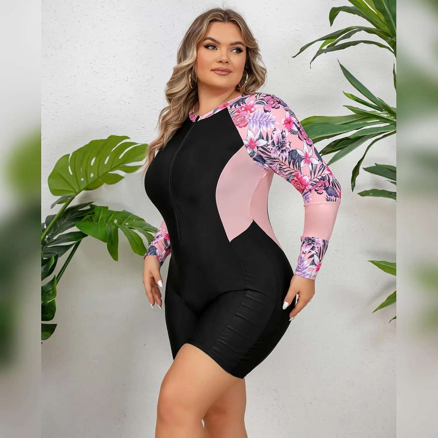 FYMNSI Women Plus Size Zipper Rash Guard Sun Protection Surf Rashguard Boyleg One Piece Sport Swimsuit Padded Bathing Suit