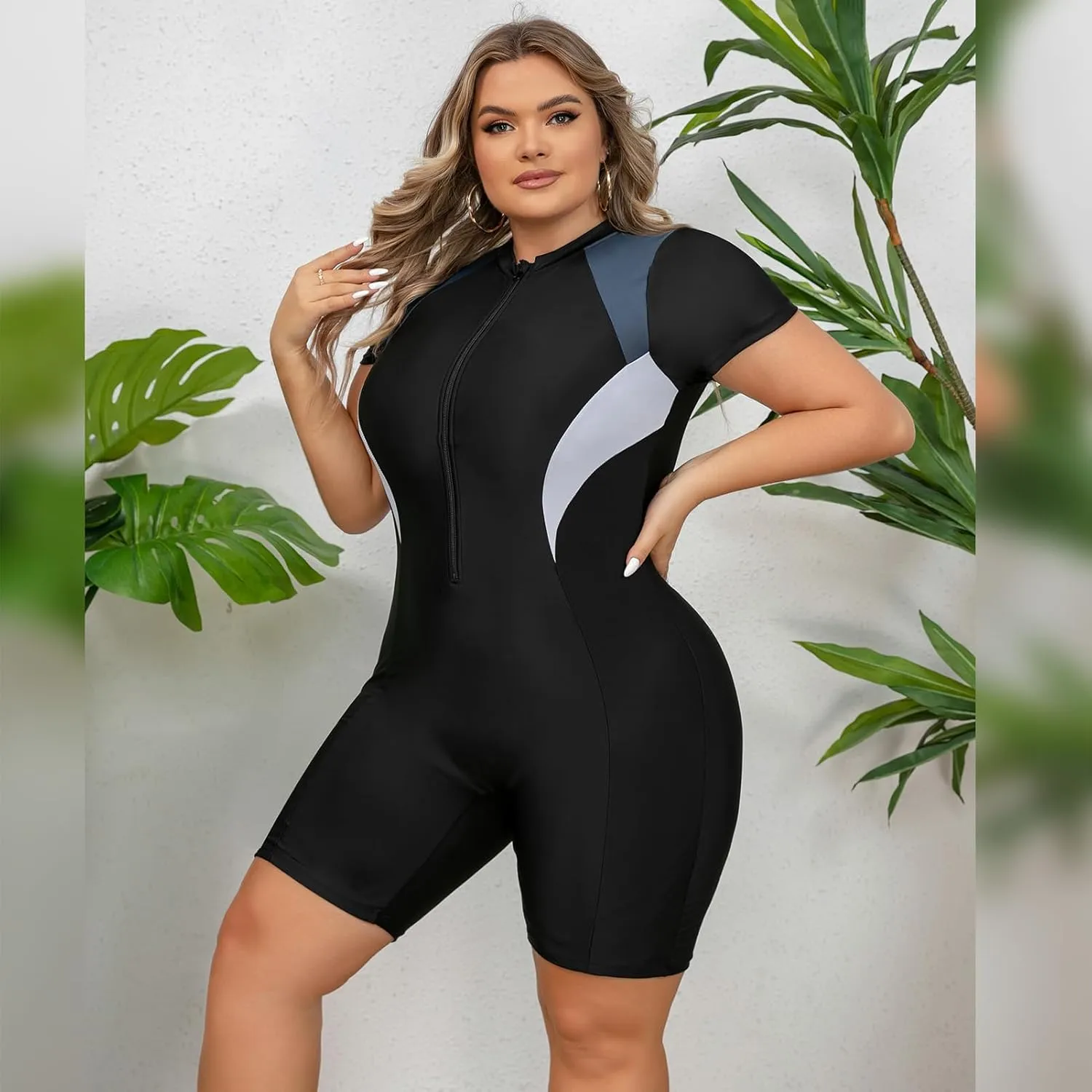 FYMNSI Women Plus Size Zipper Rash Guard Sun Protection Surf Rashguard Boyleg One Piece Sport Swimsuit Padded Bathing Suit