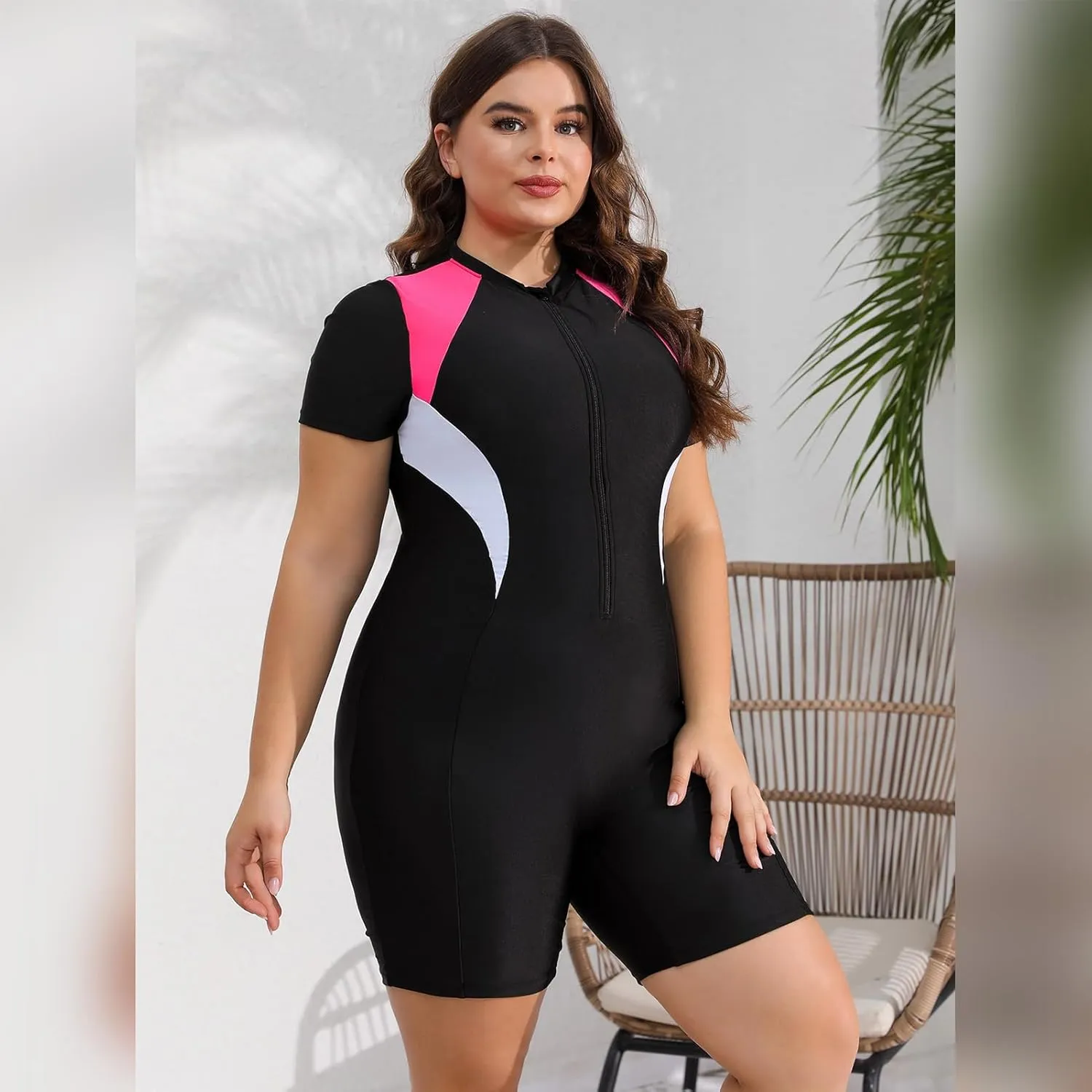 FYMNSI Women Plus Size Zipper Rash Guard Sun Protection Surf Rashguard Boyleg One Piece Sport Swimsuit Padded Bathing Suit