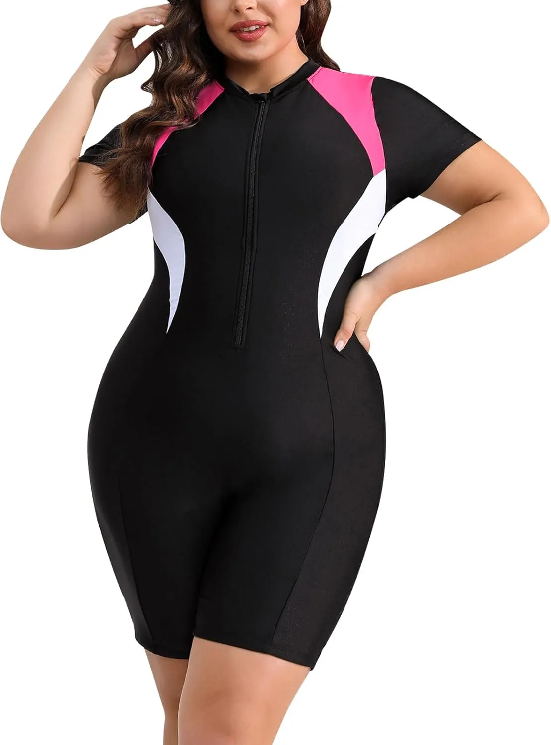 FYMNSI Women Plus Size Zipper Rash Guard Sun Protection Surf Rashguard Boyleg One Piece Sport Swimsuit Padded Bathing Suit