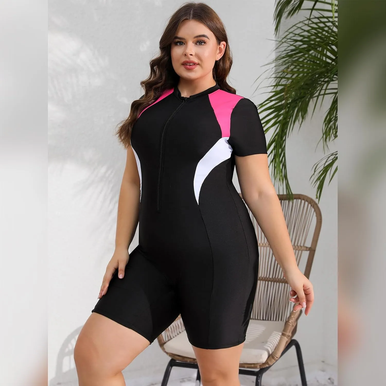 FYMNSI Women Plus Size Zipper Rash Guard Sun Protection Surf Rashguard Boyleg One Piece Sport Swimsuit Padded Bathing Suit