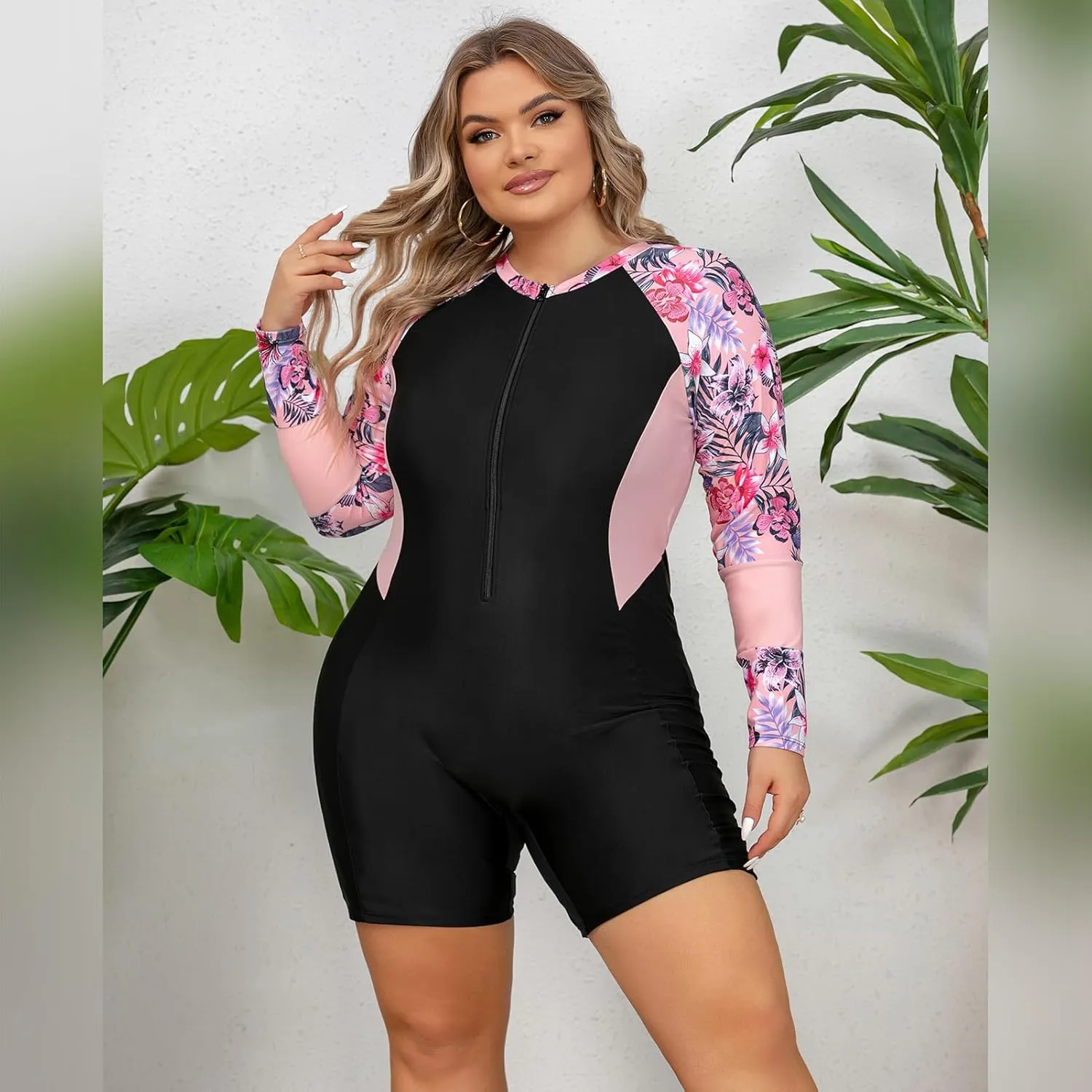 FYMNSI Women Plus Size Zipper Rash Guard Sun Protection Surf Rashguard Boyleg One Piece Sport Swimsuit Padded Bathing Suit