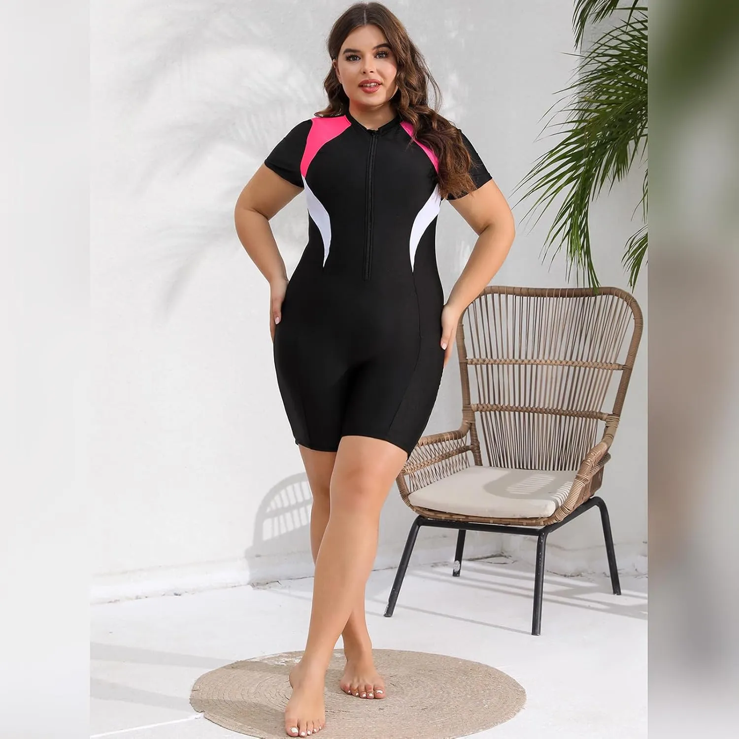 FYMNSI Women Plus Size Zipper Rash Guard Sun Protection Surf Rashguard Boyleg One Piece Sport Swimsuit Padded Bathing Suit