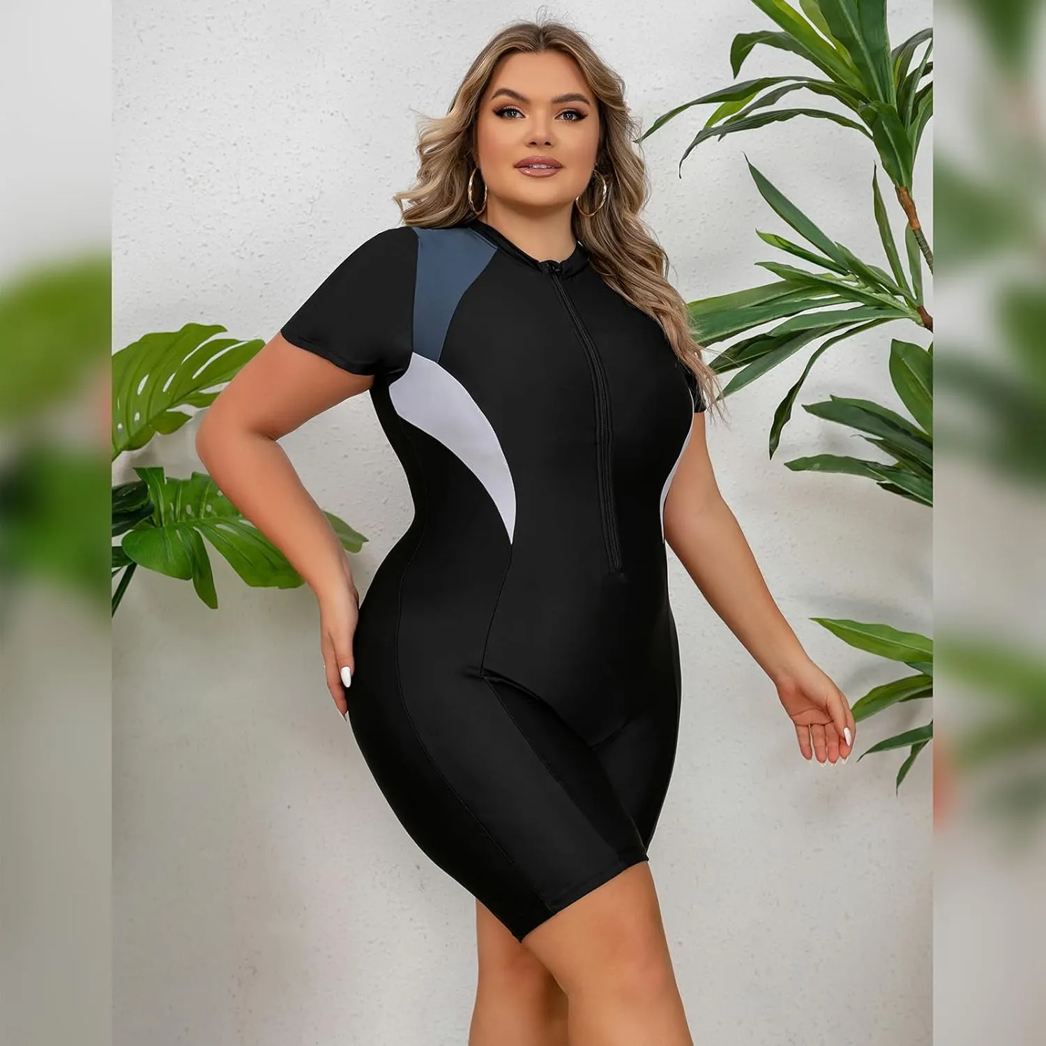 FYMNSI Women Plus Size Zipper Rash Guard Sun Protection Surf Rashguard Boyleg One Piece Sport Swimsuit Padded Bathing Suit