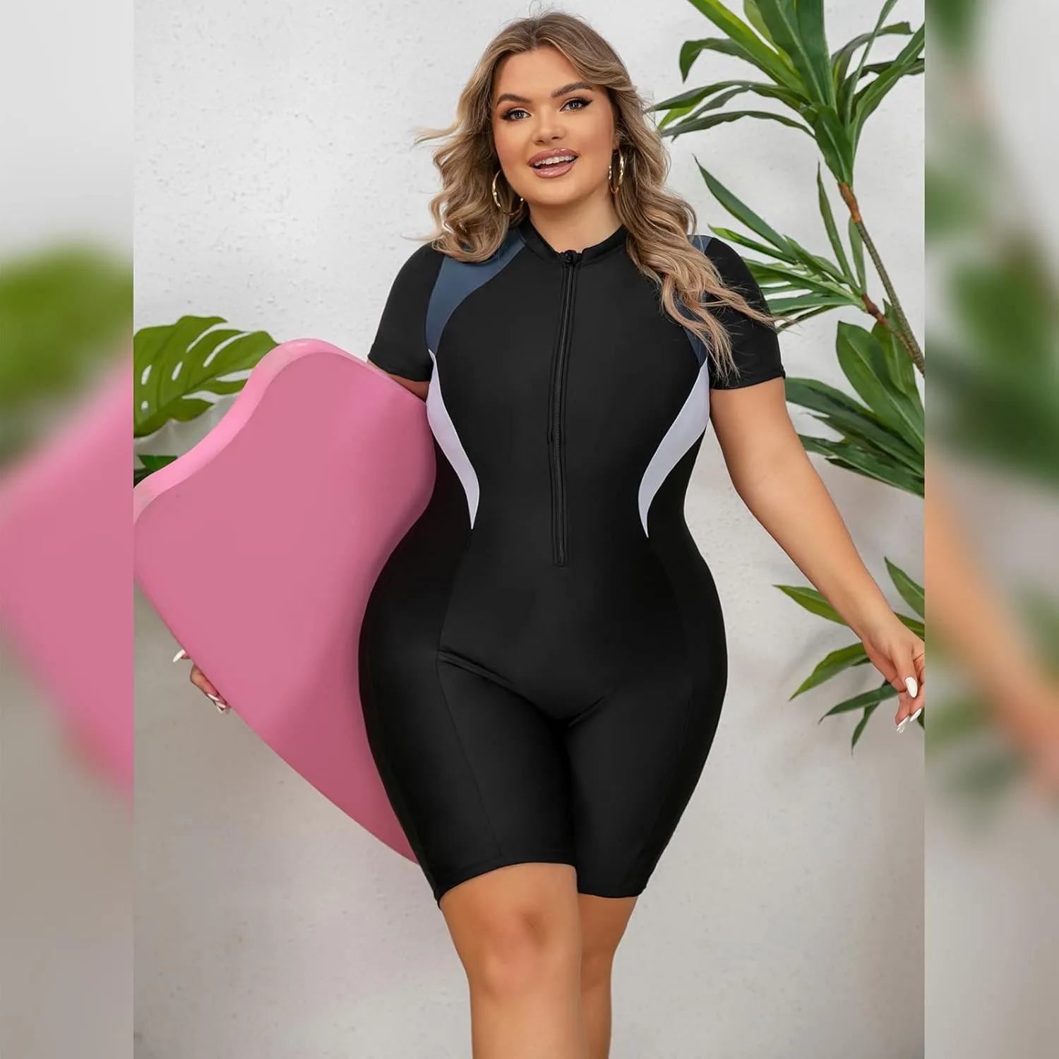 FYMNSI Women Plus Size Zipper Rash Guard Sun Protection Surf Rashguard Boyleg One Piece Sport Swimsuit Padded Bathing Suit