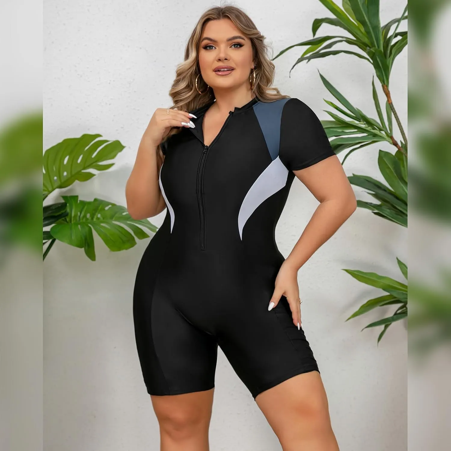 FYMNSI Women Plus Size Zipper Rash Guard Sun Protection Surf Rashguard Boyleg One Piece Sport Swimsuit Padded Bathing Suit