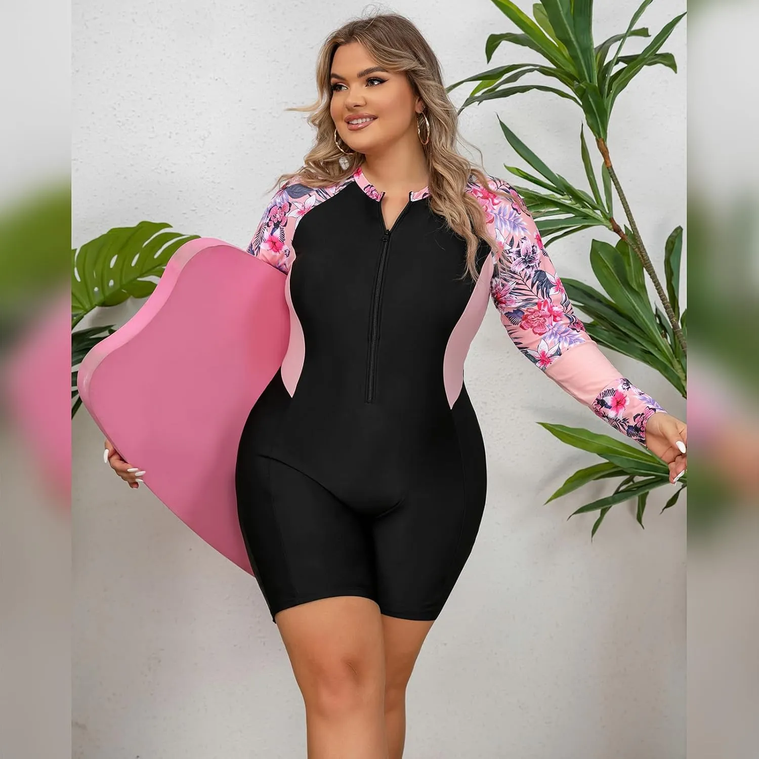 FYMNSI Women Plus Size Zipper Rash Guard Sun Protection Surf Rashguard Boyleg One Piece Sport Swimsuit Padded Bathing Suit