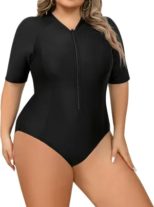FYMNSI Women Plus Size Zipper Rash Guard Sun Protection Surf Rashguard Boyleg One Piece Sport Swimsuit Padded Bathing Suit