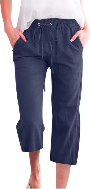 FZYLQY Capri Pants for Womens Casual 2025 Summer Drawstring Elastic High Waist Linen Pants Straight Wide Leg Cropped Trousers