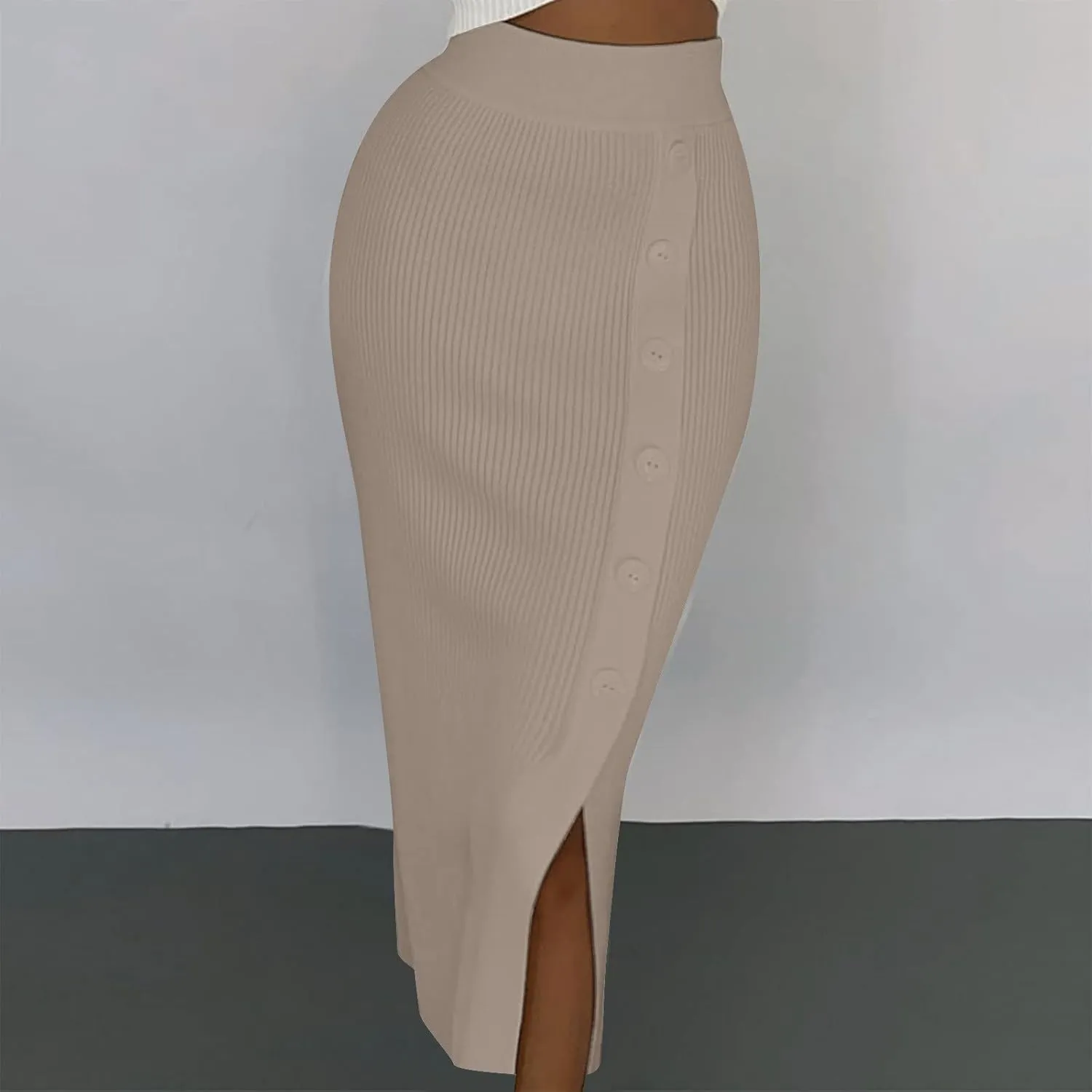 FZYLQY Slim Fit Ruched Pencil Skirts for Women High Waisted Elastic Band Bodycon Shirring Skirt Plus Size Skirt with Button