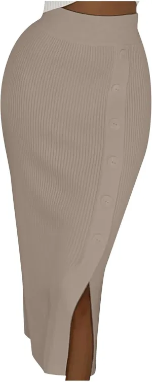 FZYLQY Slim Fit Ruched Pencil Skirts for Women High Waisted Elastic Band Bodycon Shirring Skirt Plus Size Skirt with Button