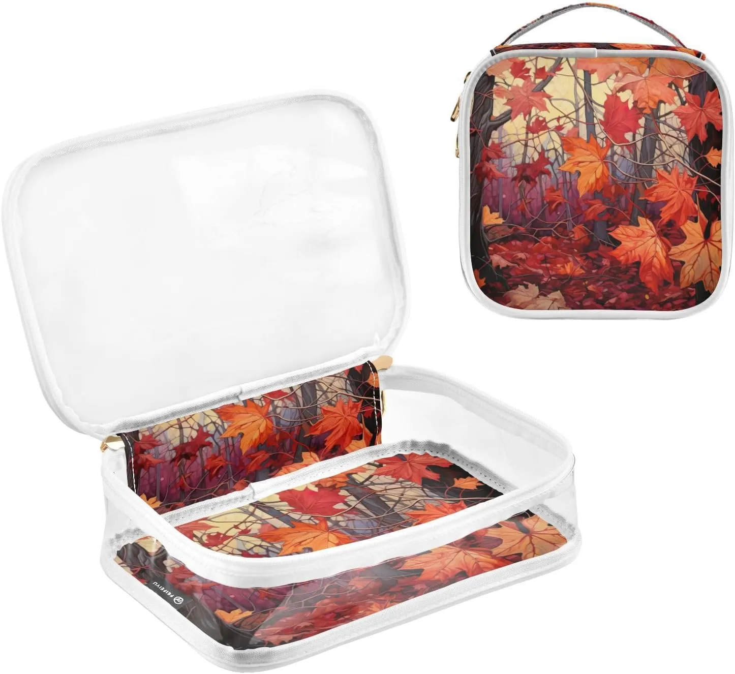 GAIGEO Fall Red Leaves Clear Makeup Bag Set, Carry on Toiletry Bag Tsa Approved, Toiletry Travel Bag for Women, 2 Pack