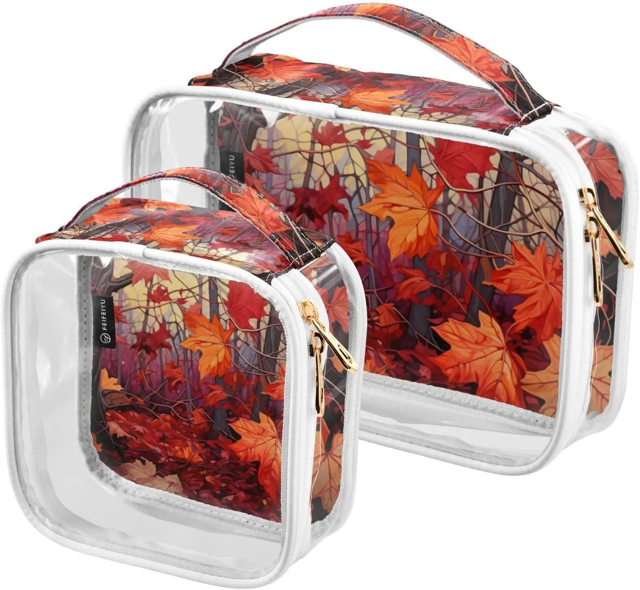 GAIGEO Fall Red Leaves Clear Makeup Bag Set, Carry on Toiletry Bag Tsa Approved, Toiletry Travel Bag for Women, 2 Pack