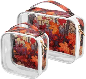 GAIGEO Fall Red Leaves Clear Makeup Bag Set, Carry on Toiletry Bag Tsa Approved, Toiletry Travel Bag for Women, 2 Pack