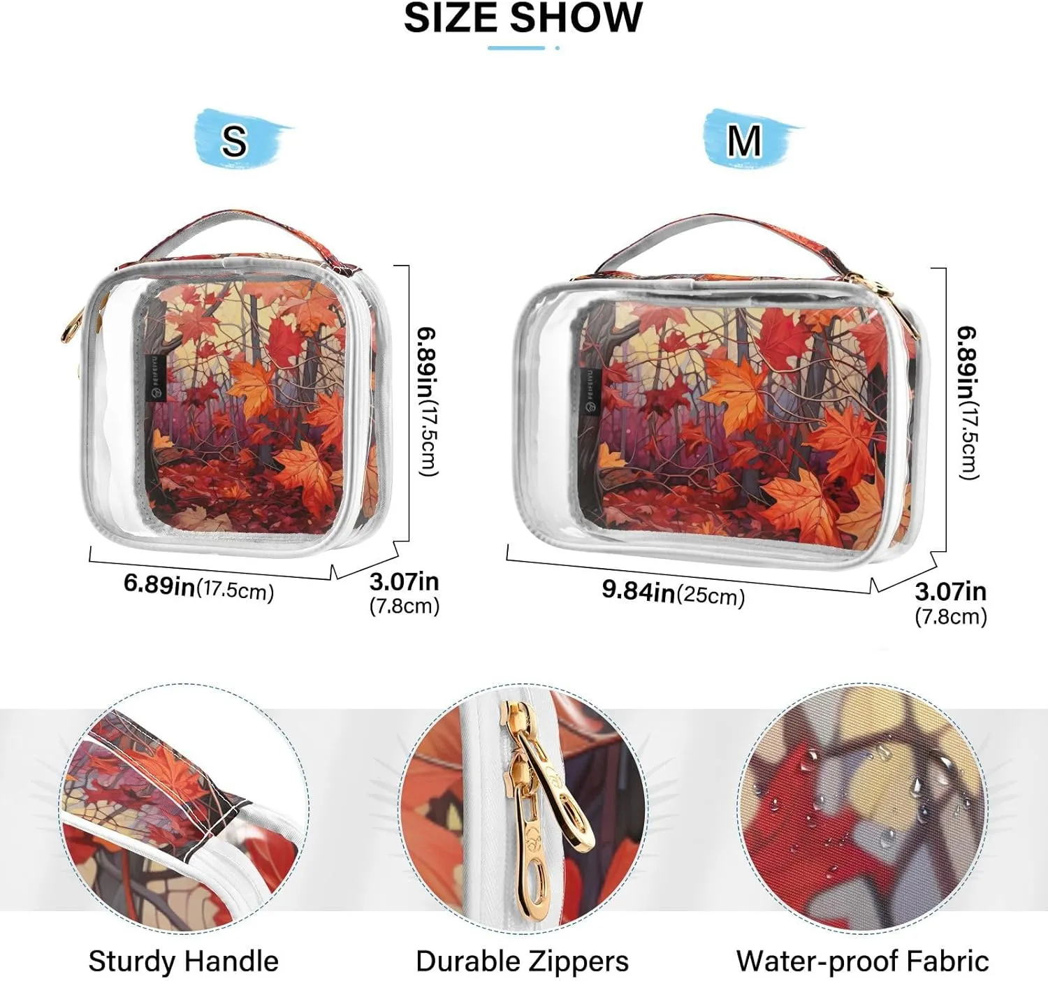 GAIGEO Fall Red Leaves Clear Makeup Bag Set, Carry on Toiletry Bag Tsa Approved, Toiletry Travel Bag for Women, 2 Pack