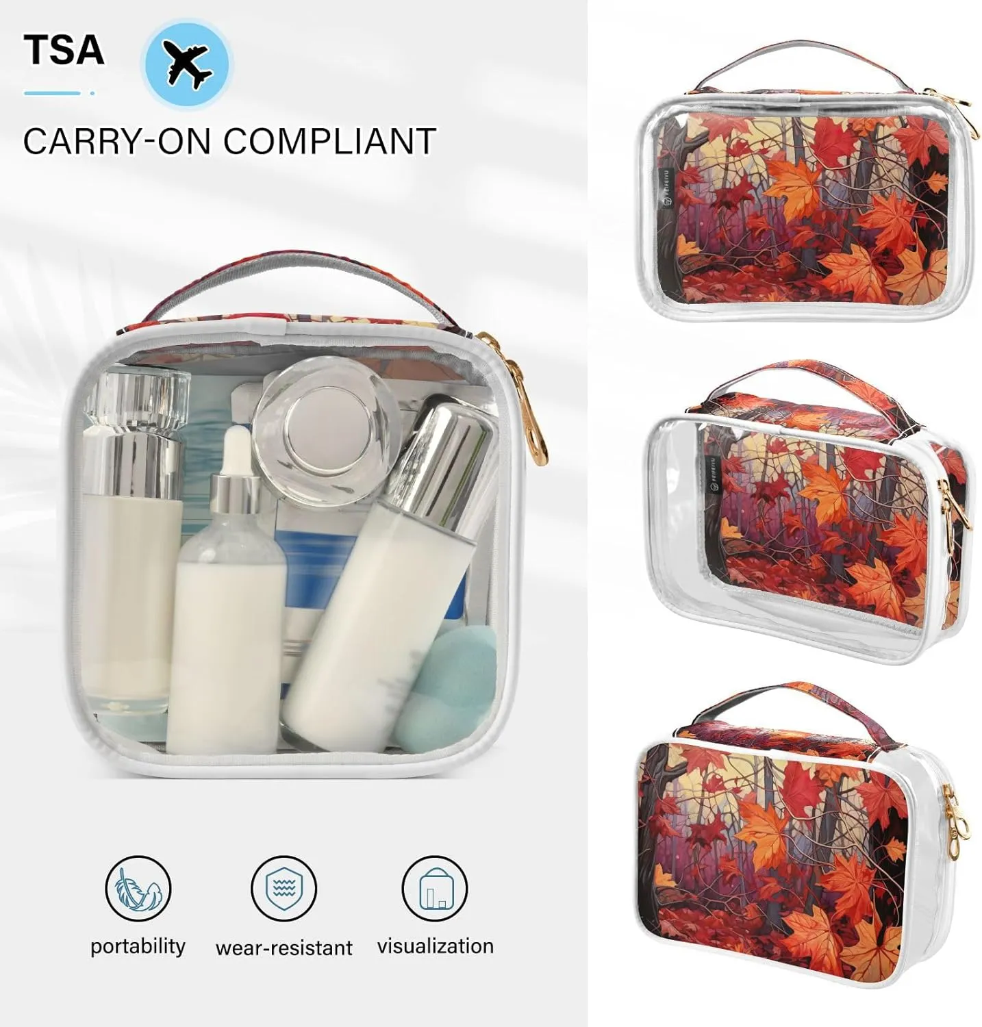 GAIGEO Fall Red Leaves Clear Makeup Bag Set, Carry on Toiletry Bag Tsa Approved, Toiletry Travel Bag for Women, 2 Pack