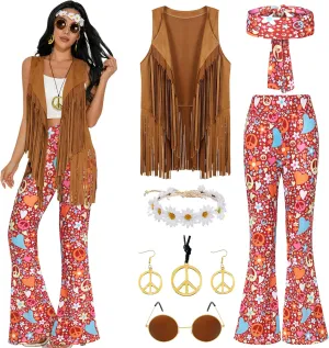 GERVAISE Womens 60s 70s Outfit Disco Hippie Costume Fringe Vest Boho Pants Accessories Set