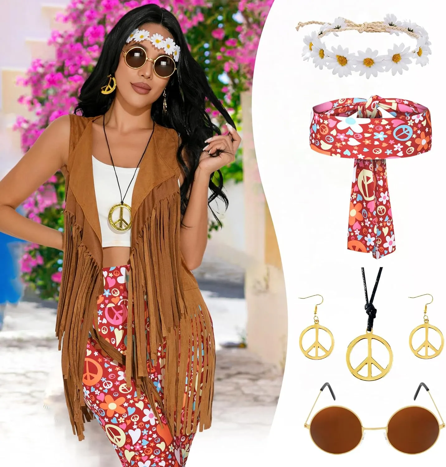 GERVAISE Womens 60s 70s Outfit Disco Hippie Costume Fringe Vest Boho Pants Accessories Set