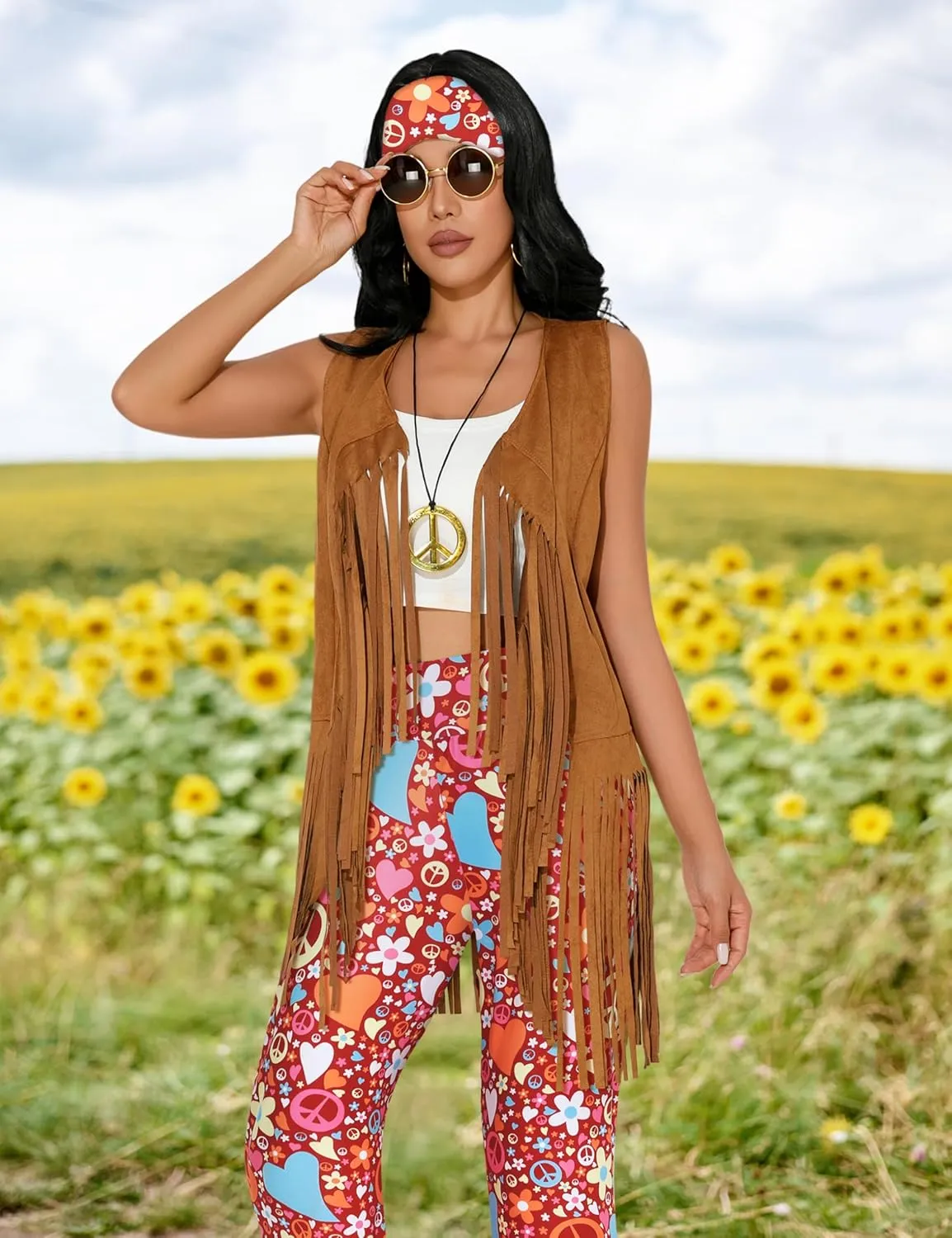 GERVAISE Womens 60s 70s Outfit Disco Hippie Costume Fringe Vest Boho Pants Accessories Set