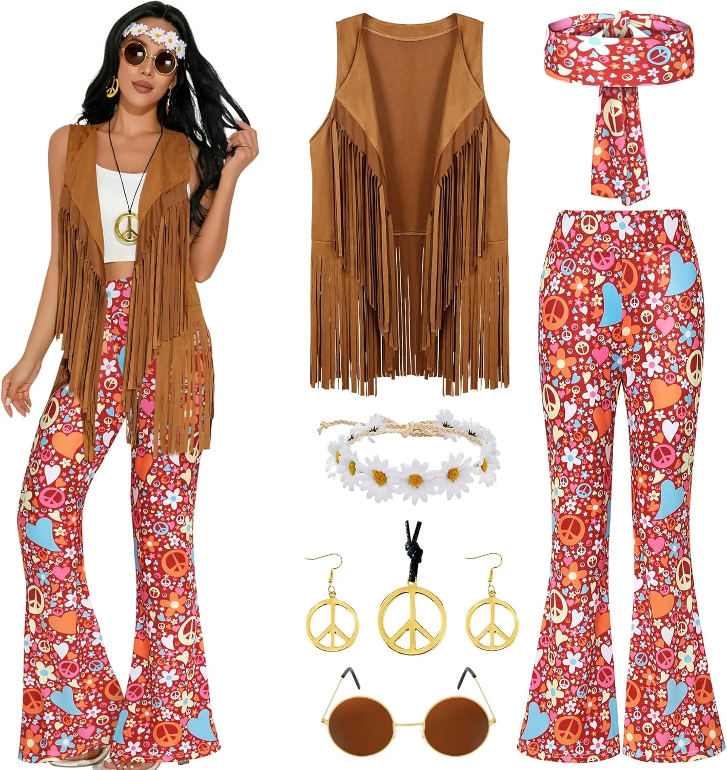 GERVAISE Womens 60s 70s Outfit Disco Hippie Costume Fringe Vest Boho Pants Accessories Set