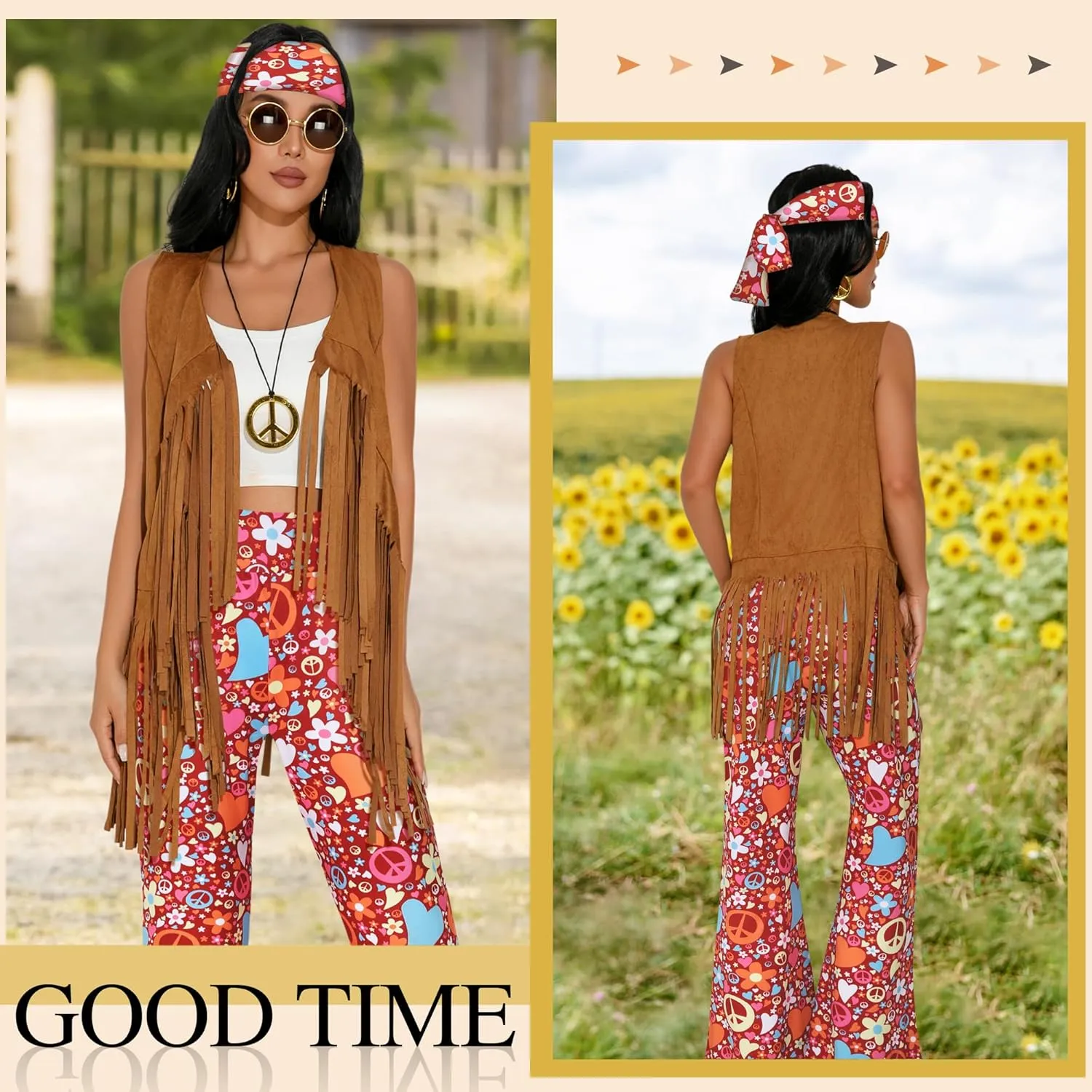 GERVAISE Womens 60s 70s Outfit Disco Hippie Costume Fringe Vest Boho Pants Accessories Set